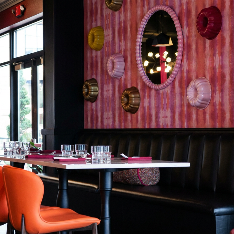 Colorful restaurant dining area with orange chairs, black booths, set tables, and green patterned walls decorated with dimensional discs.