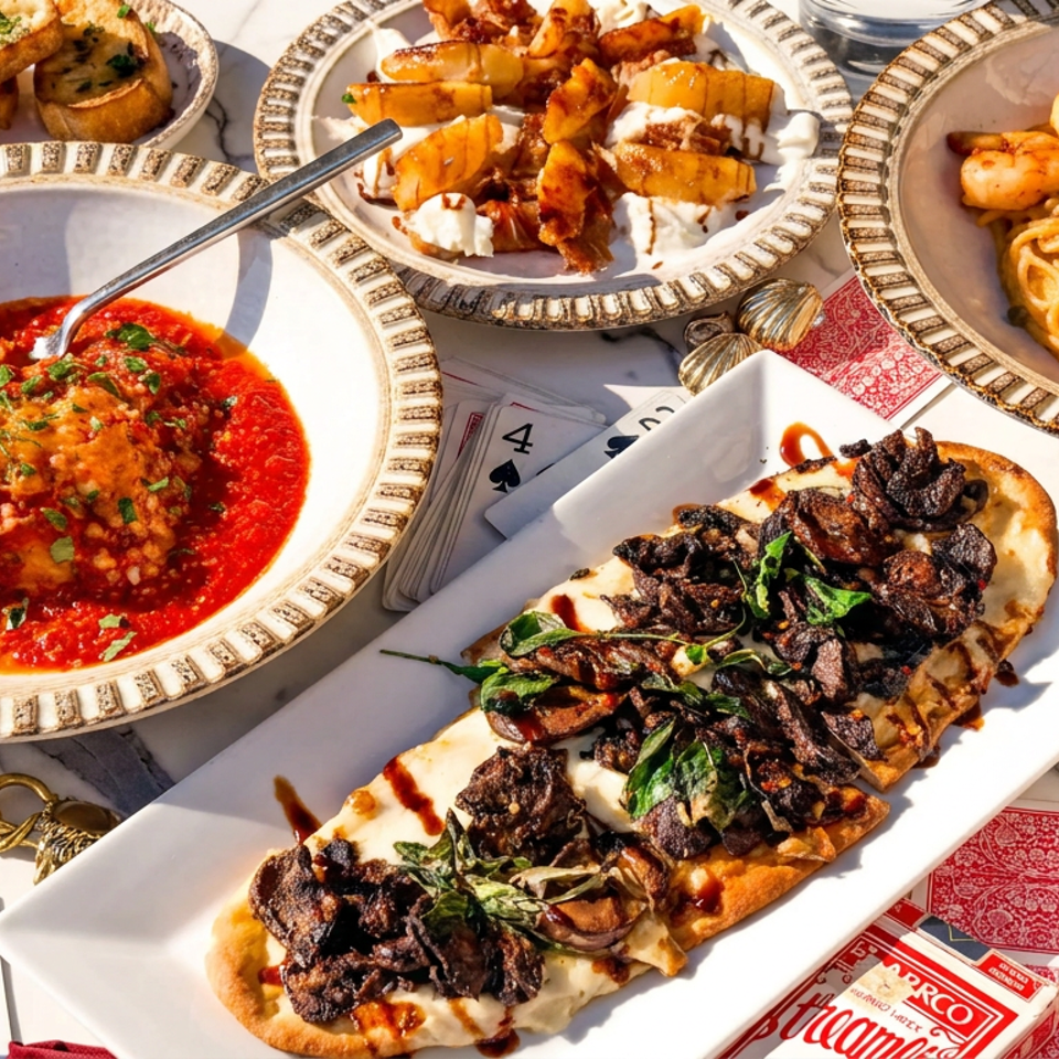 Dishes including meatballs, shrimp pasta, mushroom flatbread, bruschetta, and dessert arranged on a marble table with playing cards.
